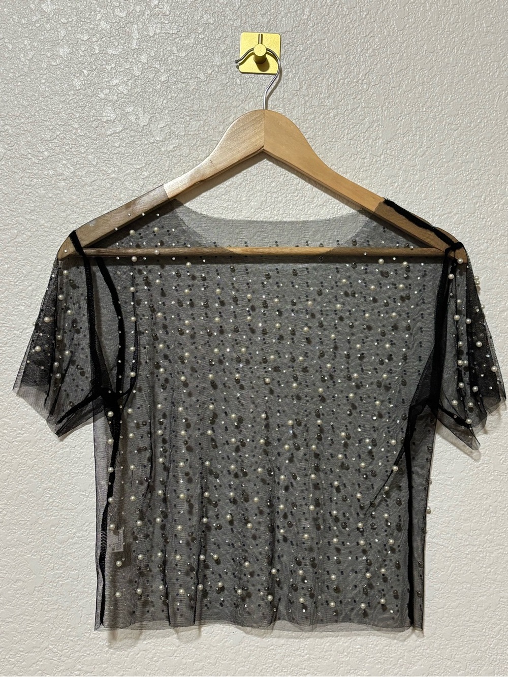 Black Sheer Pearl Beaded Mesh Top Size S Y2K Coquette Goth